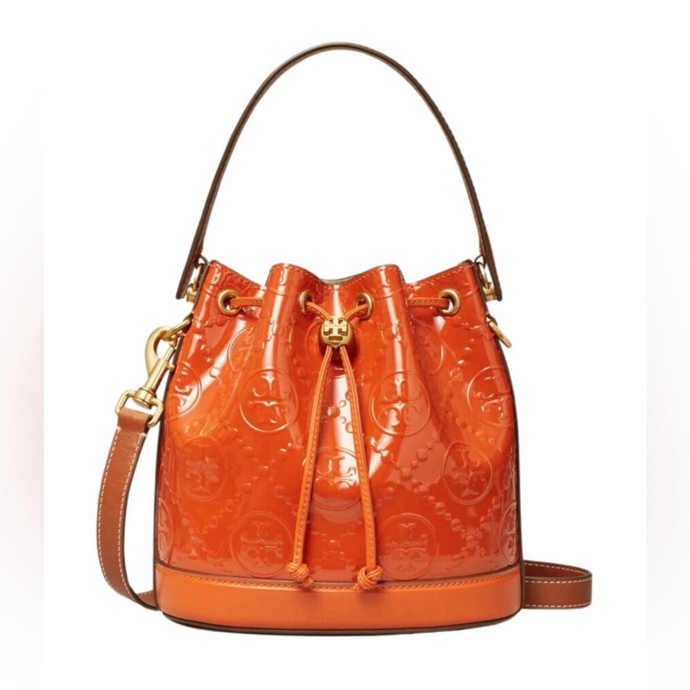 NWOT Tory Burch T Monogram Patent Embossed Vibrant Orange Bucket Bag